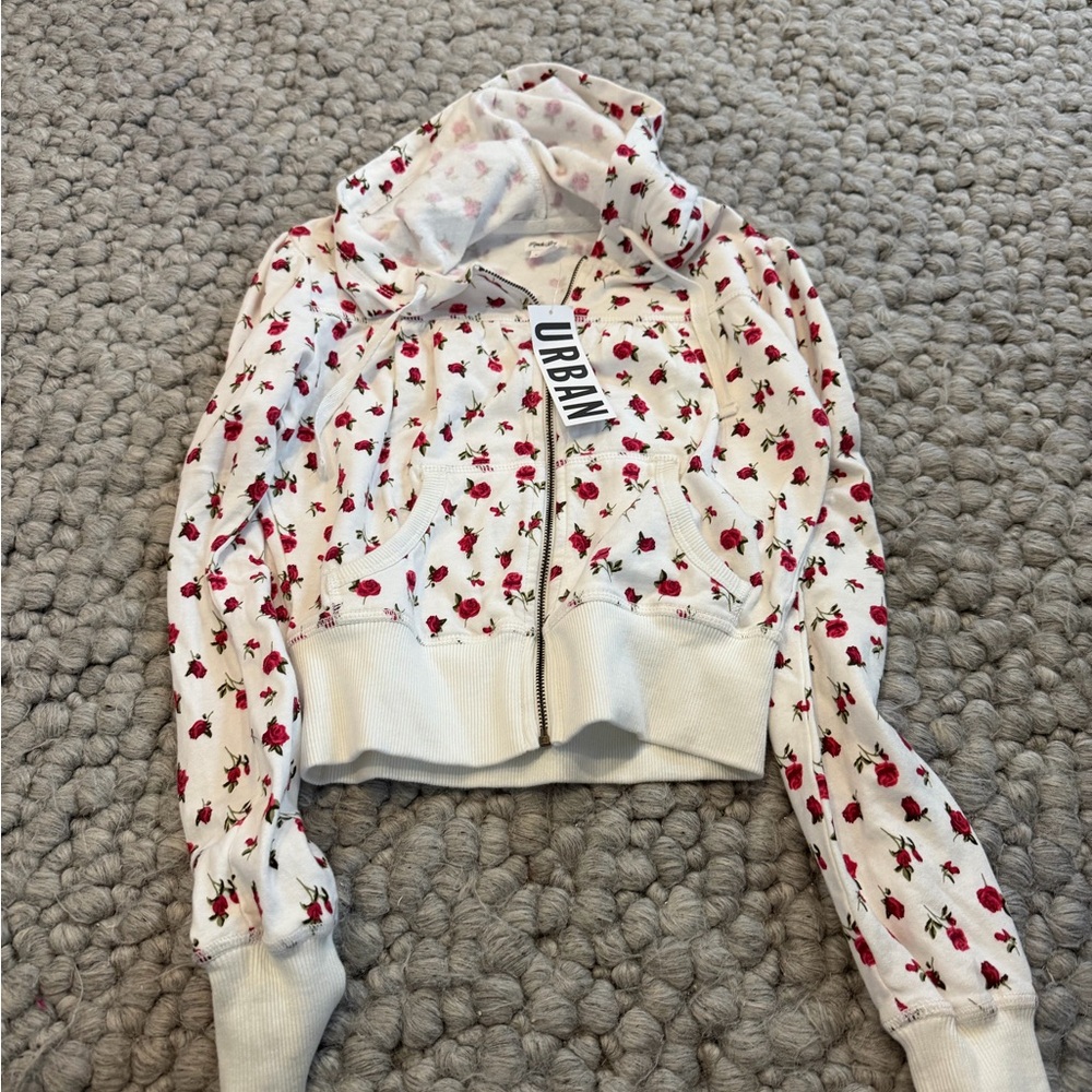 Kimchi Blue White Floral Zip Hoodie with Red Rose Print